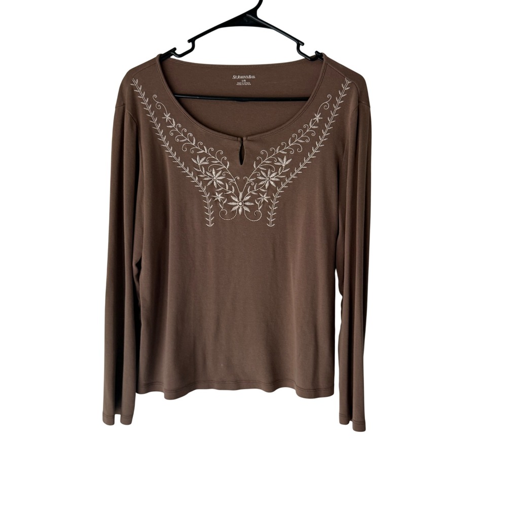St Johns Bay Brown Long Sleeve Embroidered Boho Peasant Top Women's Large - Picture 1 of 9